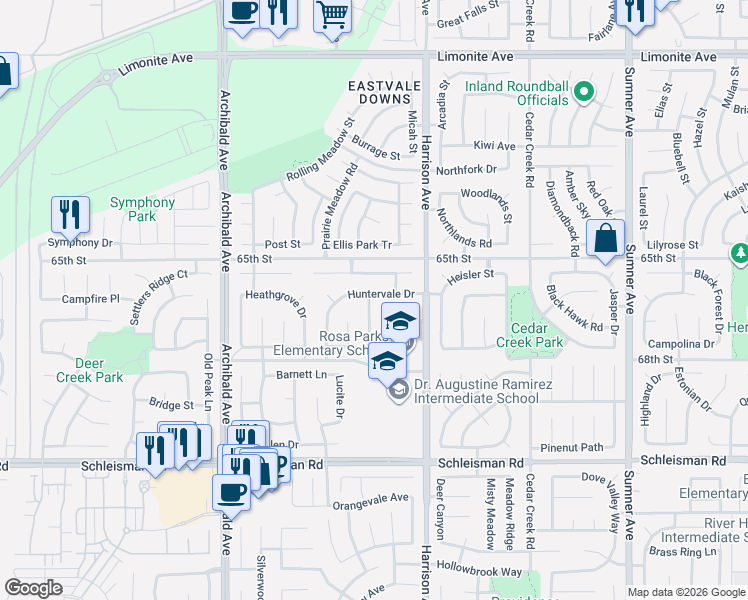 map of restaurants, bars, coffee shops, grocery stores, and more near 6736 Annebury Drive in Corona