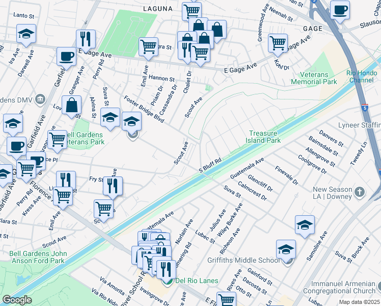 map of restaurants, bars, coffee shops, grocery stores, and more near 7349 Suva Street in Downey