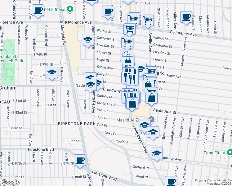 map of restaurants, bars, coffee shops, grocery stores, and more near 2522 Cudahy Street in Walnut Park