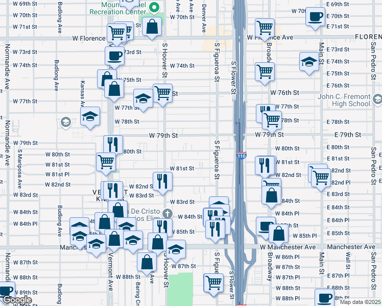 map of restaurants, bars, coffee shops, grocery stores, and more near 639 West 81st Street in Los Angeles