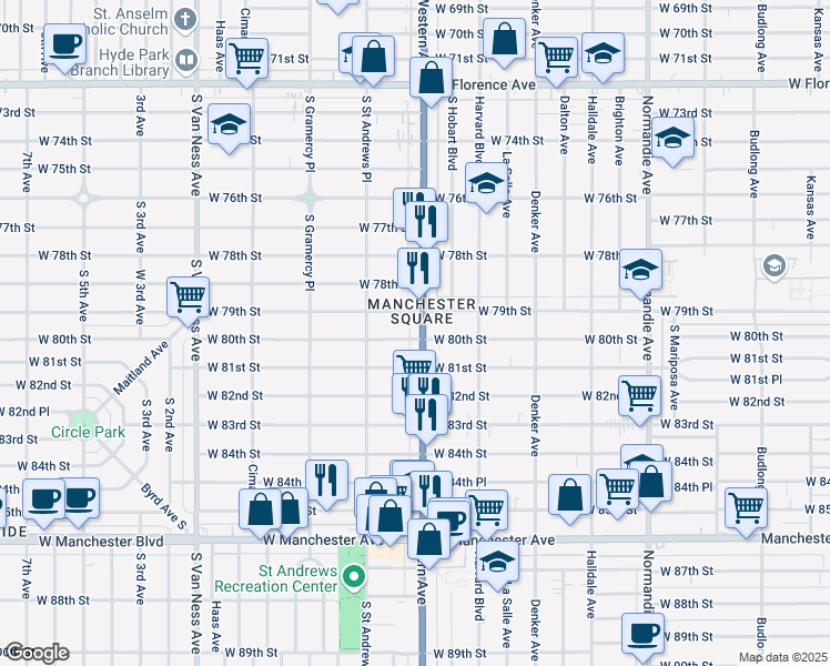 map of restaurants, bars, coffee shops, grocery stores, and more near 8011 South Western Avenue in Los Angeles