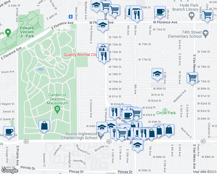 map of restaurants, bars, coffee shops, grocery stores, and more near 3334 West 80th Street in Inglewood