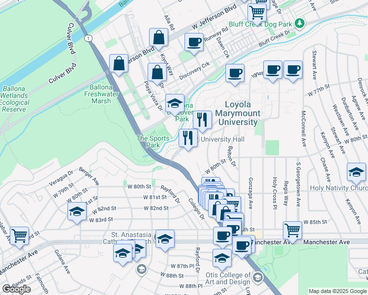 map of restaurants, bars, coffee shops, grocery stores, and more near 7268 Loyola Marymount University Drive in Los Angeles