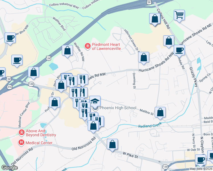 map of restaurants, bars, coffee shops, grocery stores, and more near Haymarket Lane in Lawrenceville