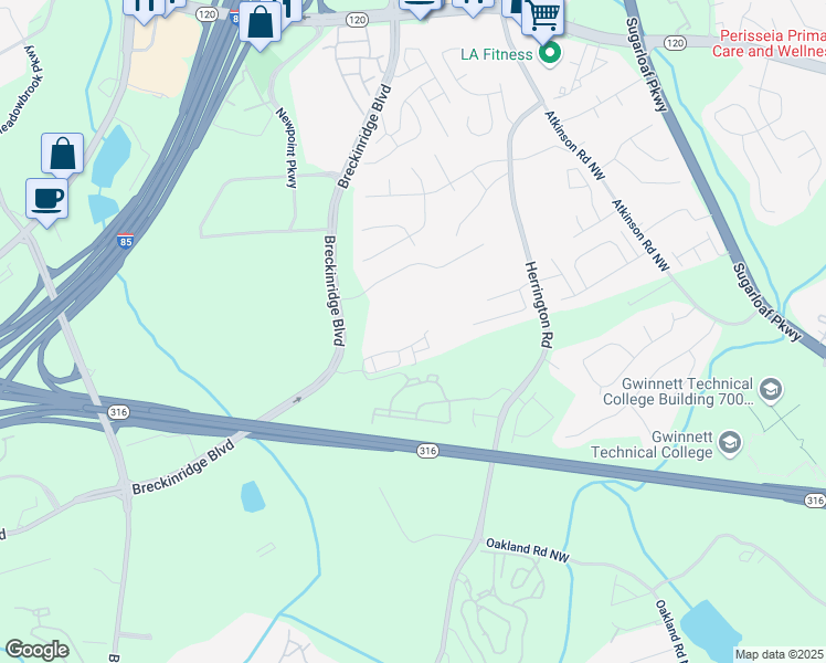 map of restaurants, bars, coffee shops, grocery stores, and more near 2173 Pebble Beach Drive in Lawrenceville