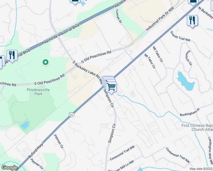 map of restaurants, bars, coffee shops, grocery stores, and more near in Peachtree Corners