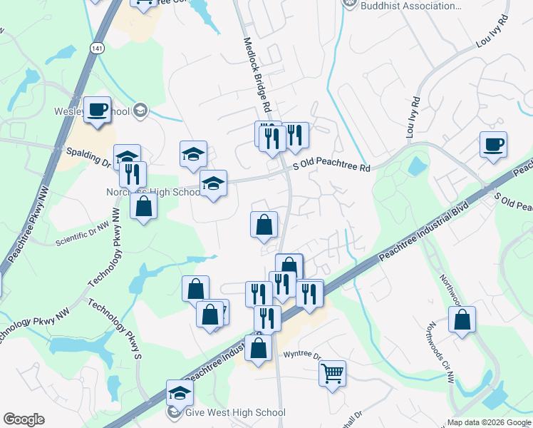map of restaurants, bars, coffee shops, grocery stores, and more near 3345 Medlock Bridge Road in Peachtree Corners