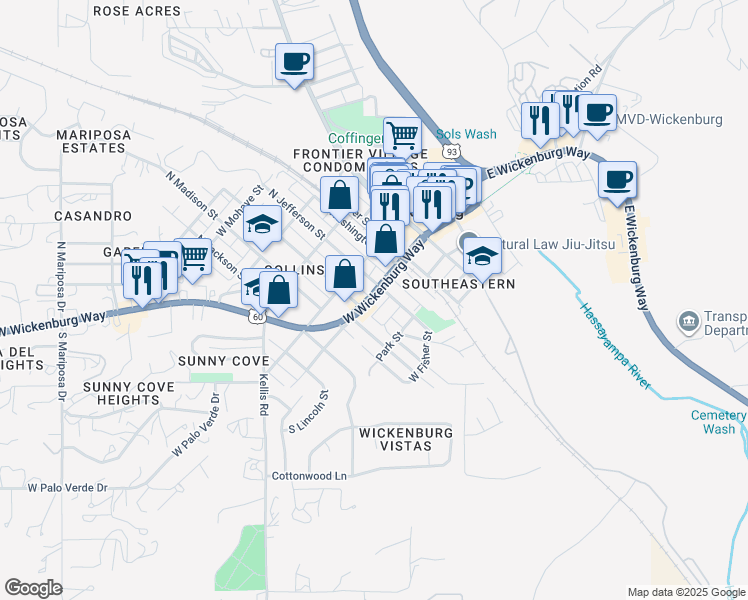map of restaurants, bars, coffee shops, grocery stores, and more near 30 South Mesquite Street in Wickenburg