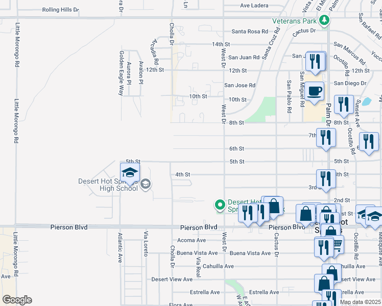 map of restaurants, bars, coffee shops, grocery stores, and more near 65867 5th Street in Desert Hot Springs