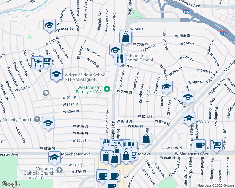 map of restaurants, bars, coffee shops, grocery stores, and more near 8000 Naylor Avenue in Los Angeles