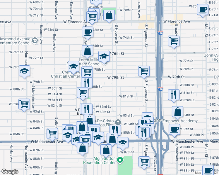 map of restaurants, bars, coffee shops, grocery stores, and more near 824 West 80th Street in Los Angeles