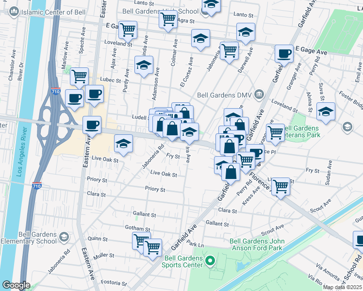 map of restaurants, bars, coffee shops, grocery stores, and more near 6032 Florence Avenue in Bell Gardens