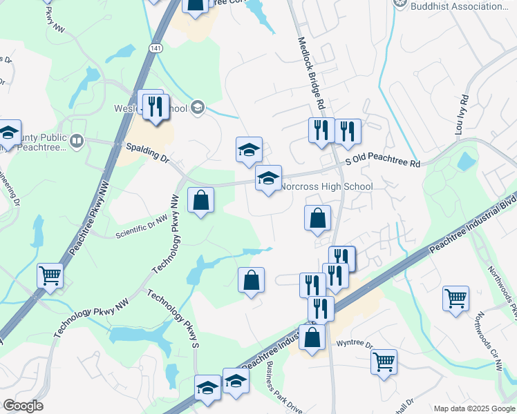 map of restaurants, bars, coffee shops, grocery stores, and more near 5300 Spalding Drive in Norcross