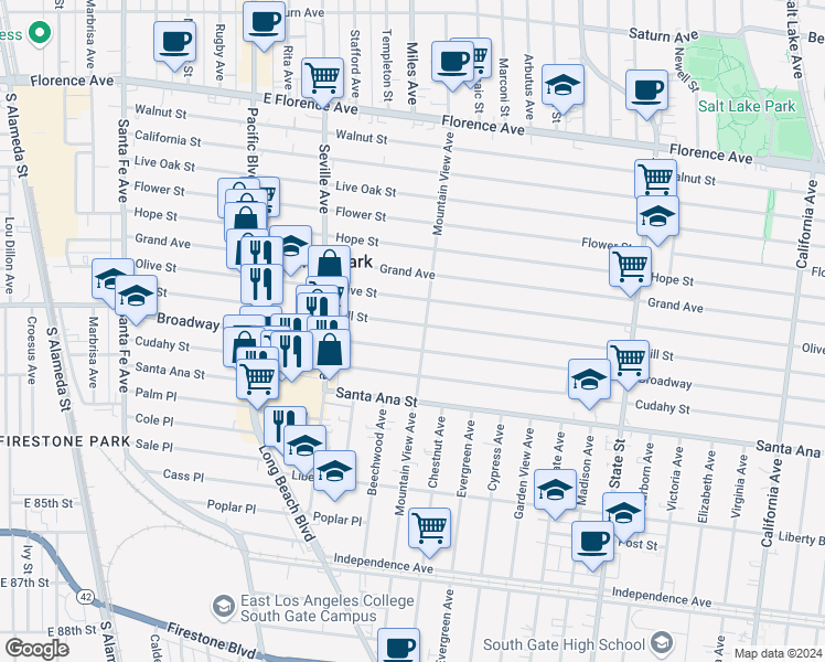 map of restaurants, bars, coffee shops, grocery stores, and more near 2844 Hill Street in Huntington Park
