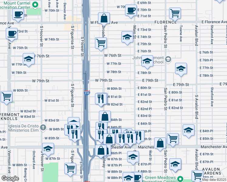 map of restaurants, bars, coffee shops, grocery stores, and more near 222 West 80th Street in Los Angeles