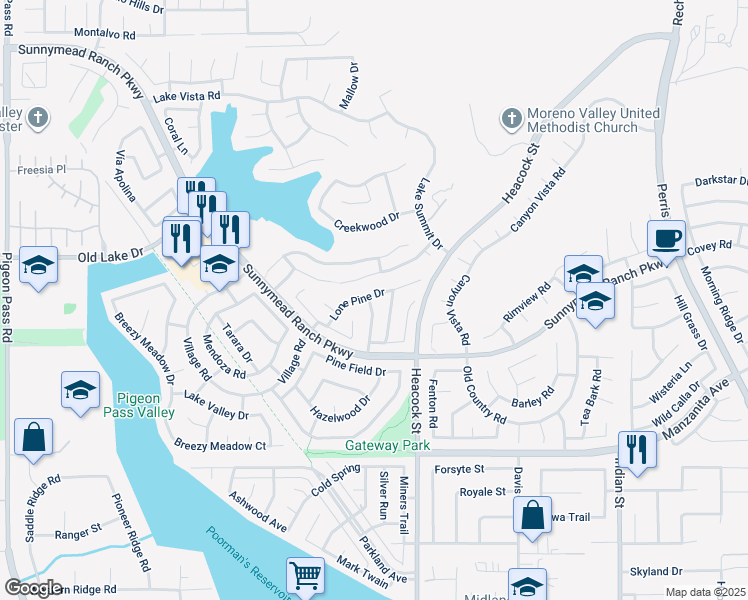 map of restaurants, bars, coffee shops, grocery stores, and more near 23881 Lone Pine Drive in Moreno Valley