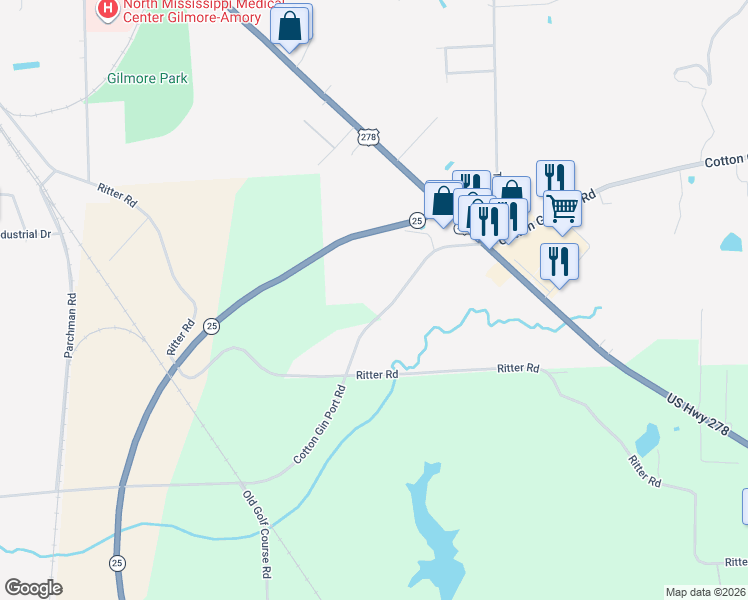 map of restaurants, bars, coffee shops, grocery stores, and more near 60339 Cotton Gin Port Road in Amory