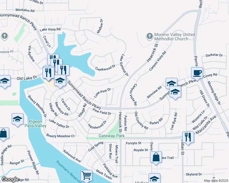 map of restaurants, bars, coffee shops, grocery stores, and more near 10572 Pepper Ridge Lane in Moreno Valley