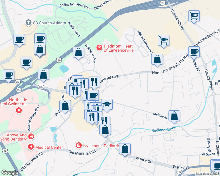 map of restaurants, bars, coffee shops, grocery stores, and more near 512 Bridge Way in Lawrenceville