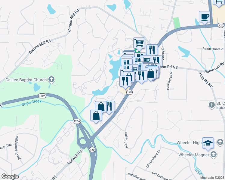 map of restaurants, bars, coffee shops, grocery stores, and more near 2085 Roswell Road in Marietta