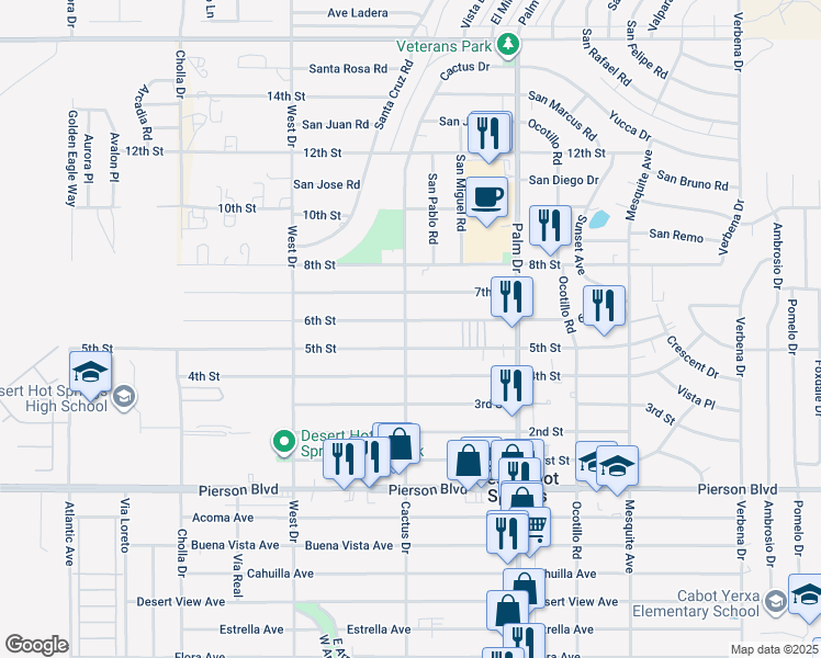 map of restaurants, bars, coffee shops, grocery stores, and more near 66263 6th Street in Desert Hot Springs