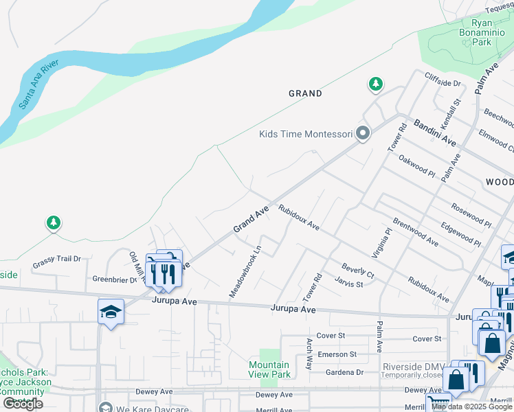map of restaurants, bars, coffee shops, grocery stores, and more near 4883 Newport Lane in Riverside