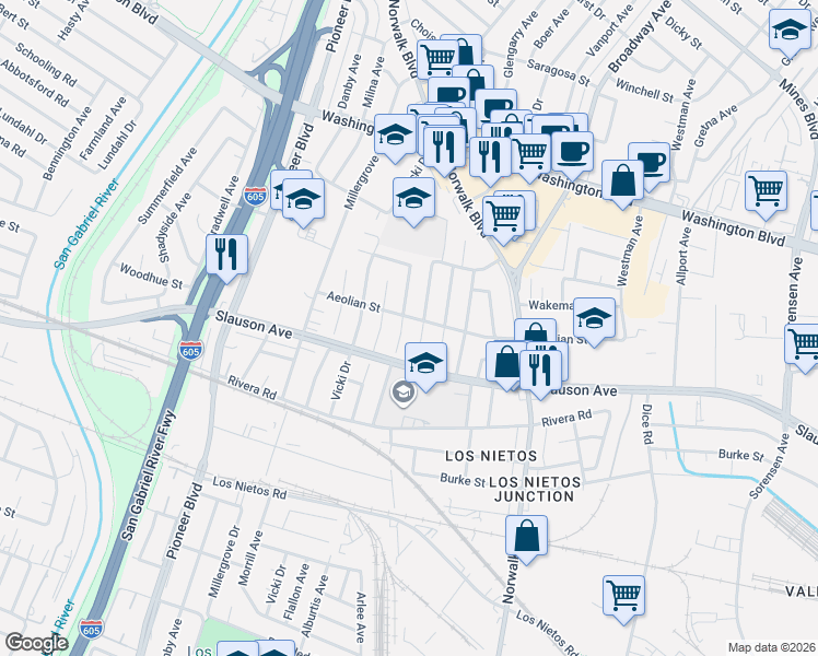 map of restaurants, bars, coffee shops, grocery stores, and more near 8432 Alburtis Avenue in Whittier