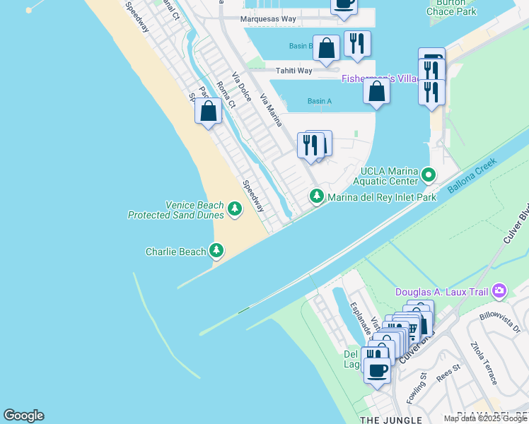 map of restaurants, bars, coffee shops, grocery stores, and more near 5500 Ocean Front Walk in Marina del Rey
