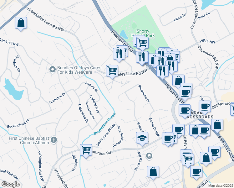 map of restaurants, bars, coffee shops, grocery stores, and more near 2705 Rhoanoke Drive in Duluth