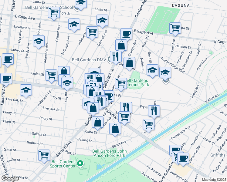 map of restaurants, bars, coffee shops, grocery stores, and more near 6518 Florence Place in Bell Gardens