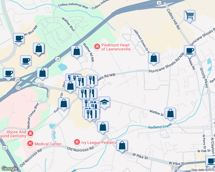 map of restaurants, bars, coffee shops, grocery stores, and more near 607 Bridge Way in Lawrenceville