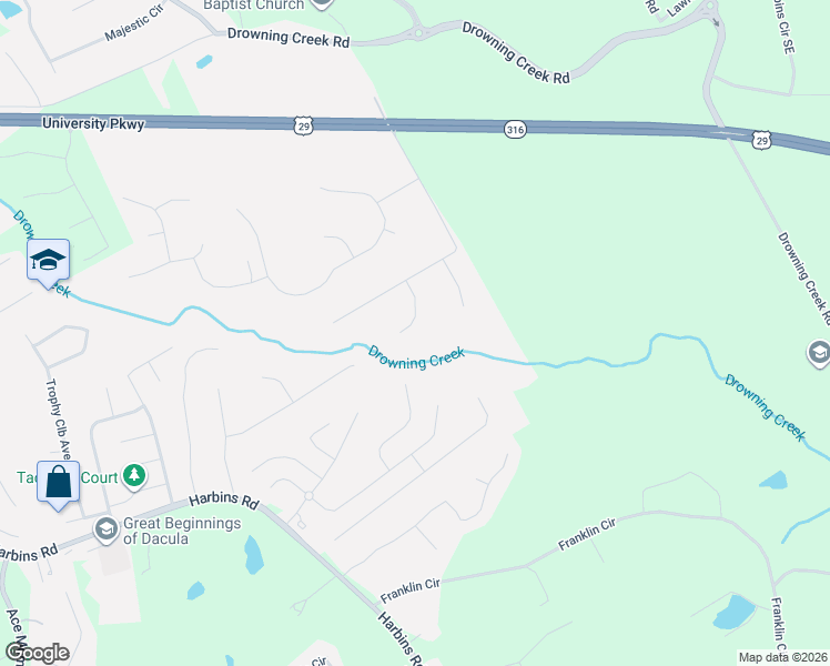 map of restaurants, bars, coffee shops, grocery stores, and more near 1270 Hannah Court Southeast in Dacula