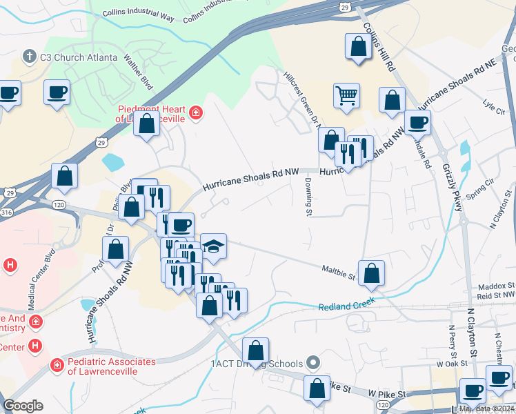 map of restaurants, bars, coffee shops, grocery stores, and more near 324 Haymarket Lane in Lawrenceville