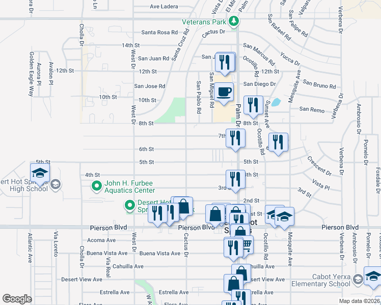 map of restaurants, bars, coffee shops, grocery stores, and more near 66289 5th Street in Desert Hot Springs