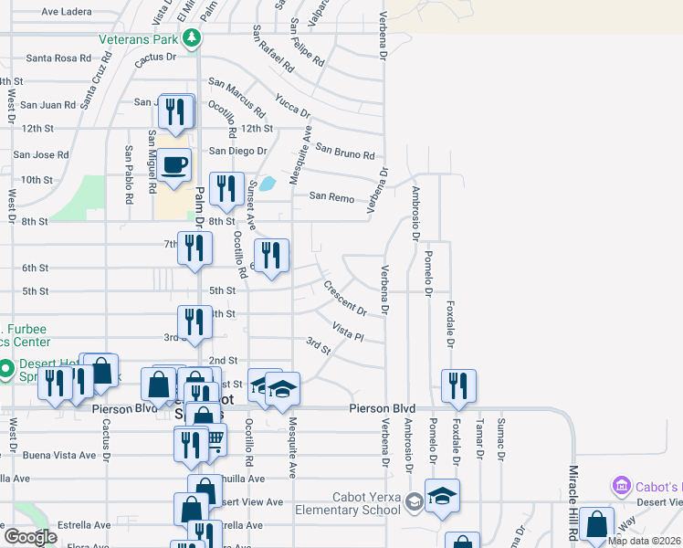 map of restaurants, bars, coffee shops, grocery stores, and more near 66777 Terrace Way in Desert Hot Springs