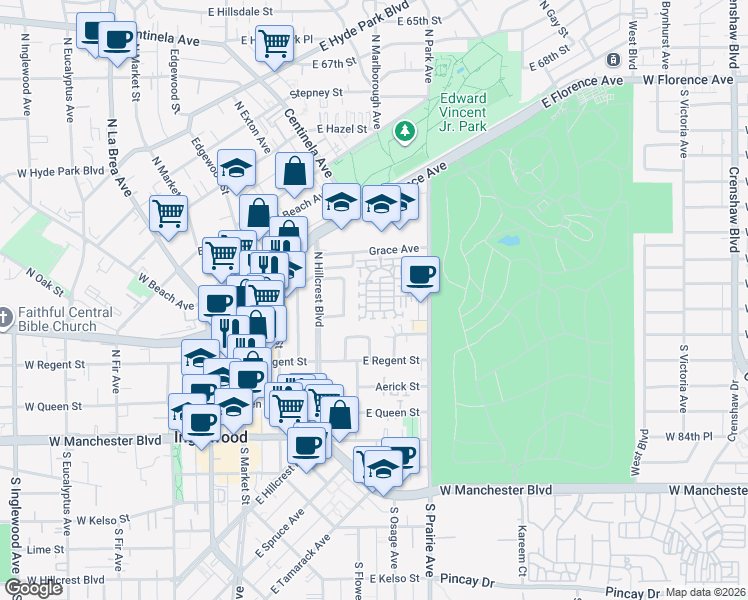 map of restaurants, bars, coffee shops, grocery stores, and more near 333 North Prairie Avenue in Inglewood