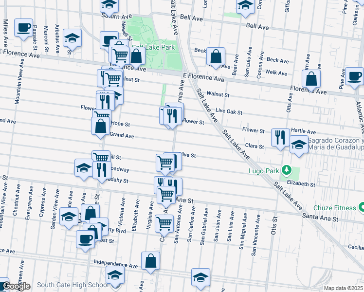 map of restaurants, bars, coffee shops, grocery stores, and more near 3520 Grand Avenue in Huntington Park