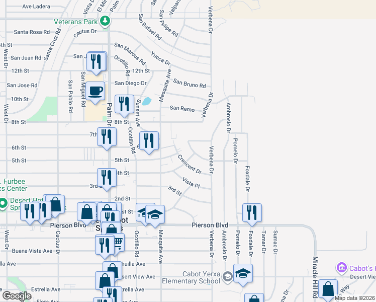 map of restaurants, bars, coffee shops, grocery stores, and more near 66777 Terrace Way in Desert Hot Springs