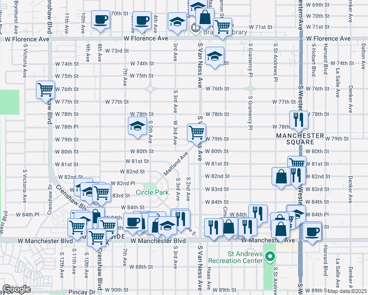 map of restaurants, bars, coffee shops, grocery stores, and more near 2305 West 80th Street in Inglewood