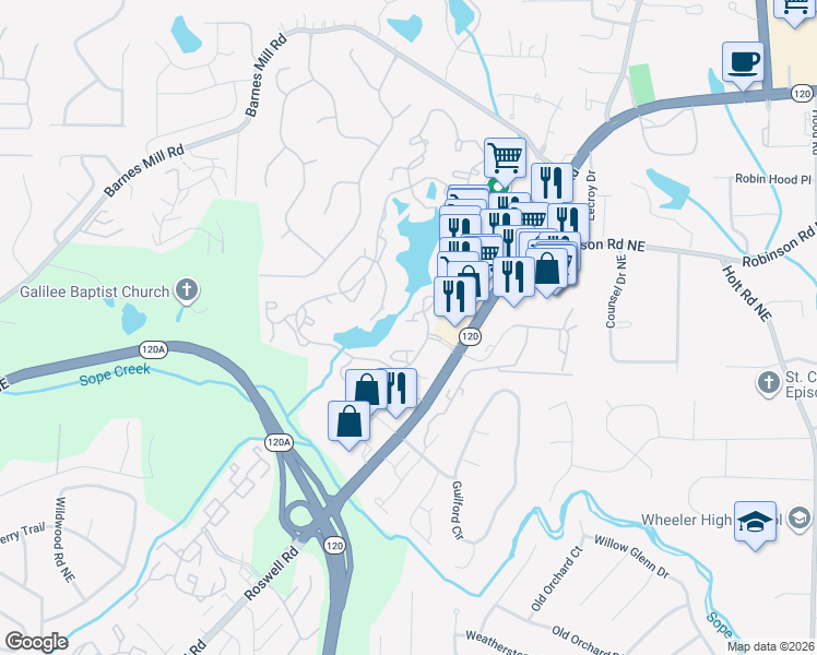 map of restaurants, bars, coffee shops, grocery stores, and more near 2085 Roswell Road in Marietta