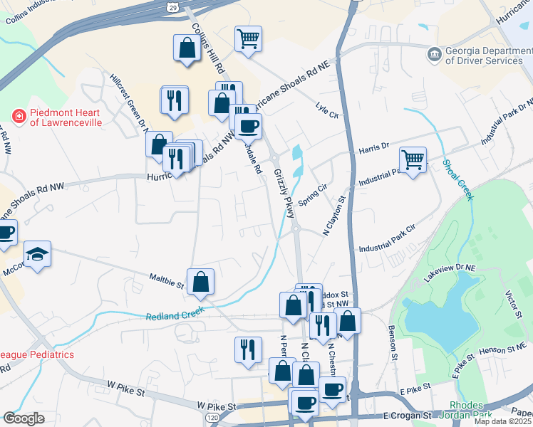 map of restaurants, bars, coffee shops, grocery stores, and more near 424 Northdale Road in Lawrenceville