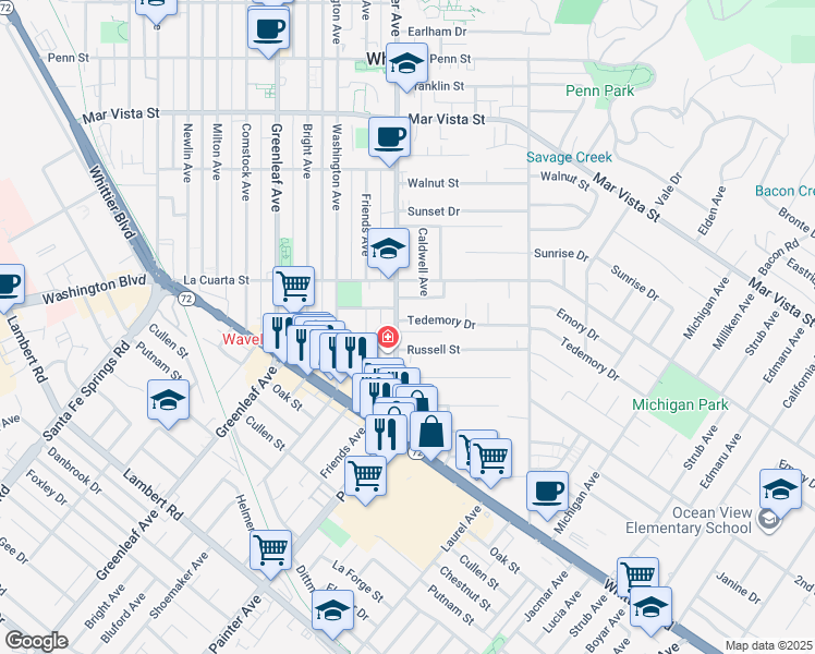 map of restaurants, bars, coffee shops, grocery stores, and more near 13406 Tedemory Drive in Whittier