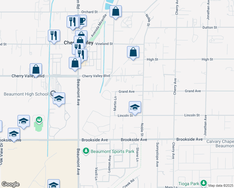map of restaurants, bars, coffee shops, grocery stores, and more near 39503 Grand Avenue in Cherry Valley