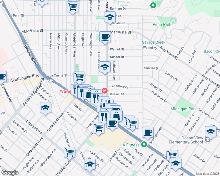 map of restaurants, bars, coffee shops, grocery stores, and more near 13406 Tedemory Drive in Whittier