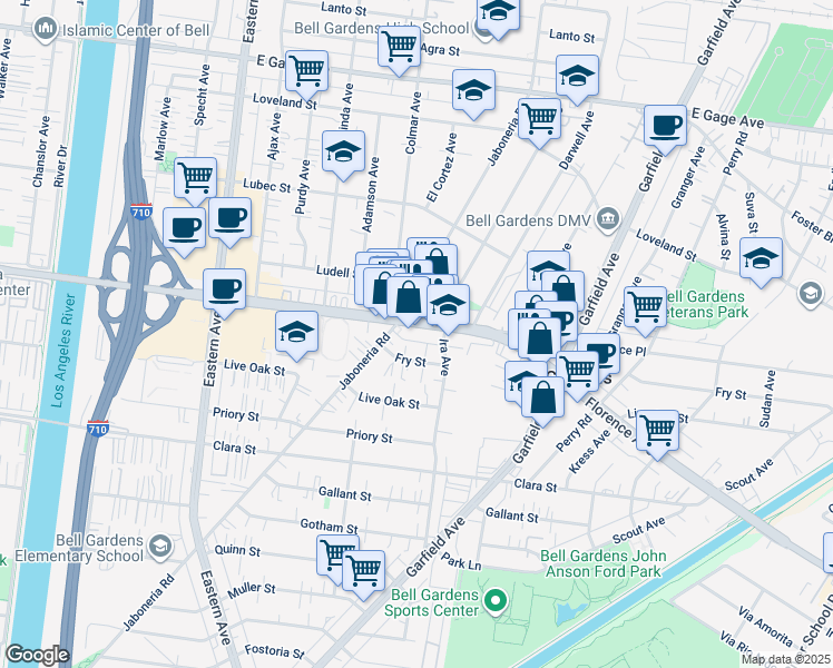 map of restaurants, bars, coffee shops, grocery stores, and more near 6020 Florence Avenue in Bell Gardens
