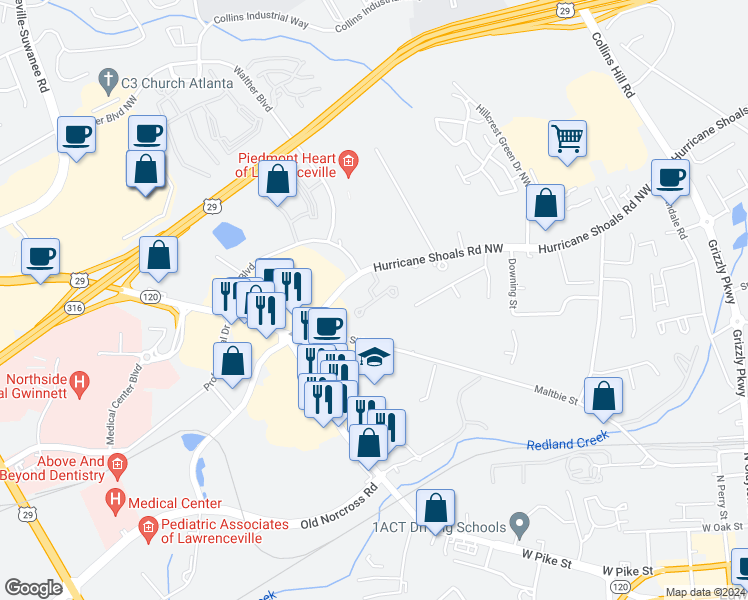 map of restaurants, bars, coffee shops, grocery stores, and more near 209 Bridge Way in Lawrenceville