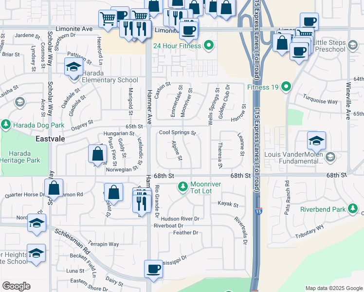 map of restaurants, bars, coffee shops, grocery stores, and more near 6717 Moonriver Street in Eastvale