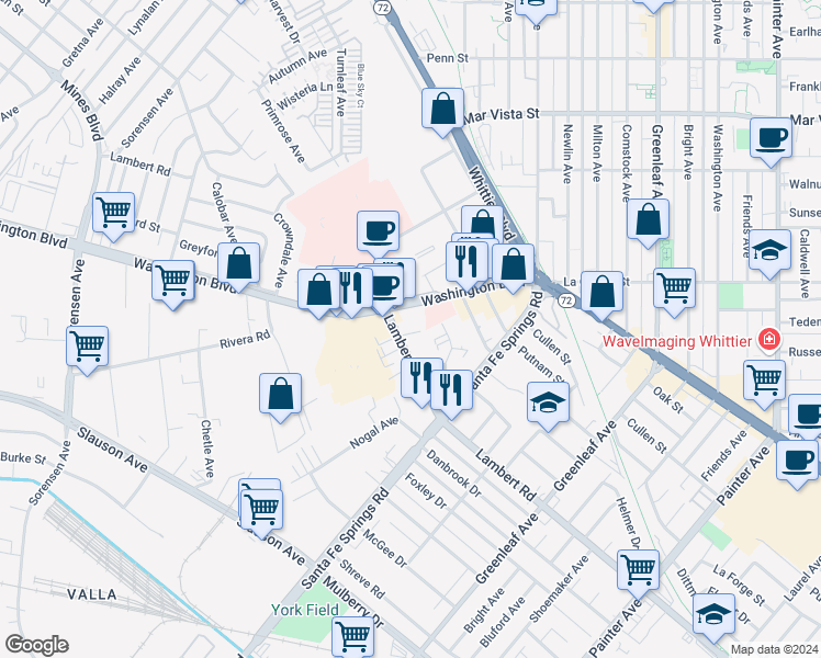 map of restaurants, bars, coffee shops, grocery stores, and more near 12429 Lambert Road in Whittier