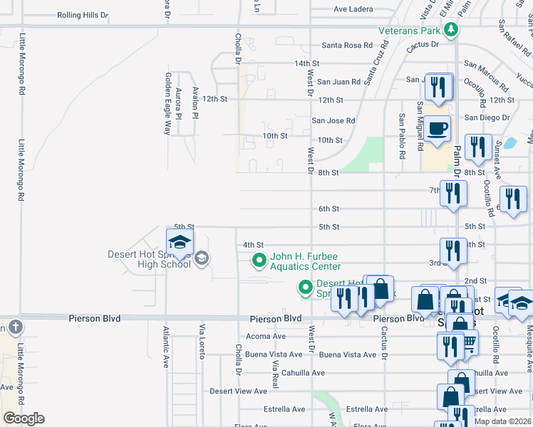 map of restaurants, bars, coffee shops, grocery stores, and more near 65841 6th Street in Desert Hot Springs