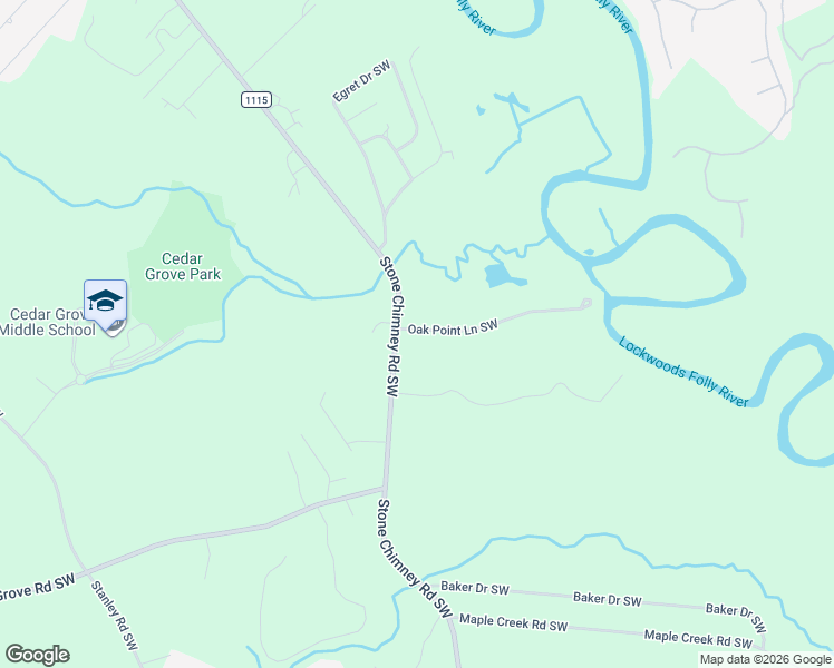 map of restaurants, bars, coffee shops, grocery stores, and more near 1760 Stone Chimney Road Southwest in Brunswick County
